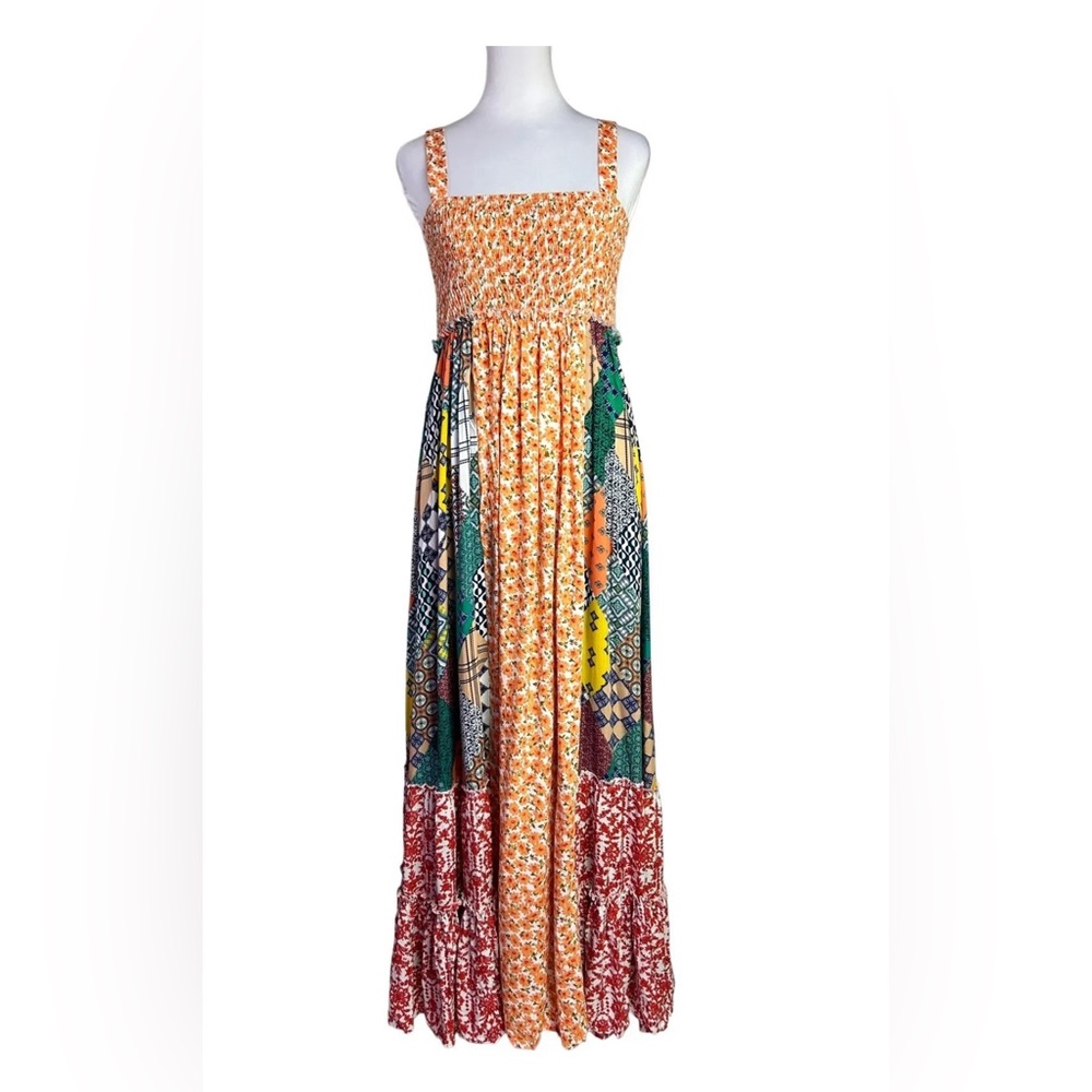 Easel Size Medium Smocked Patchwork Boho Maxi Dress